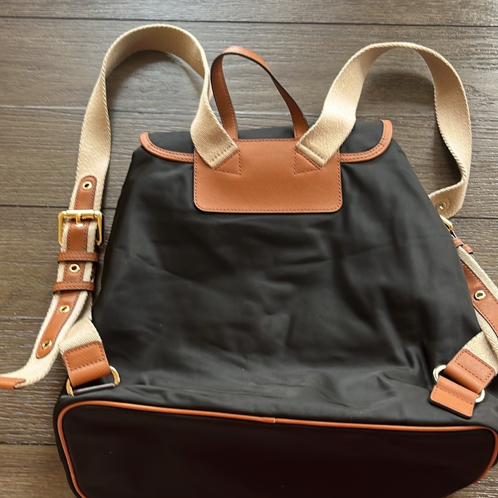 Michael Kors Black Nylon Backpack Bag with Brown Trim and Cream Canvas Straps - Picture 2 of 8